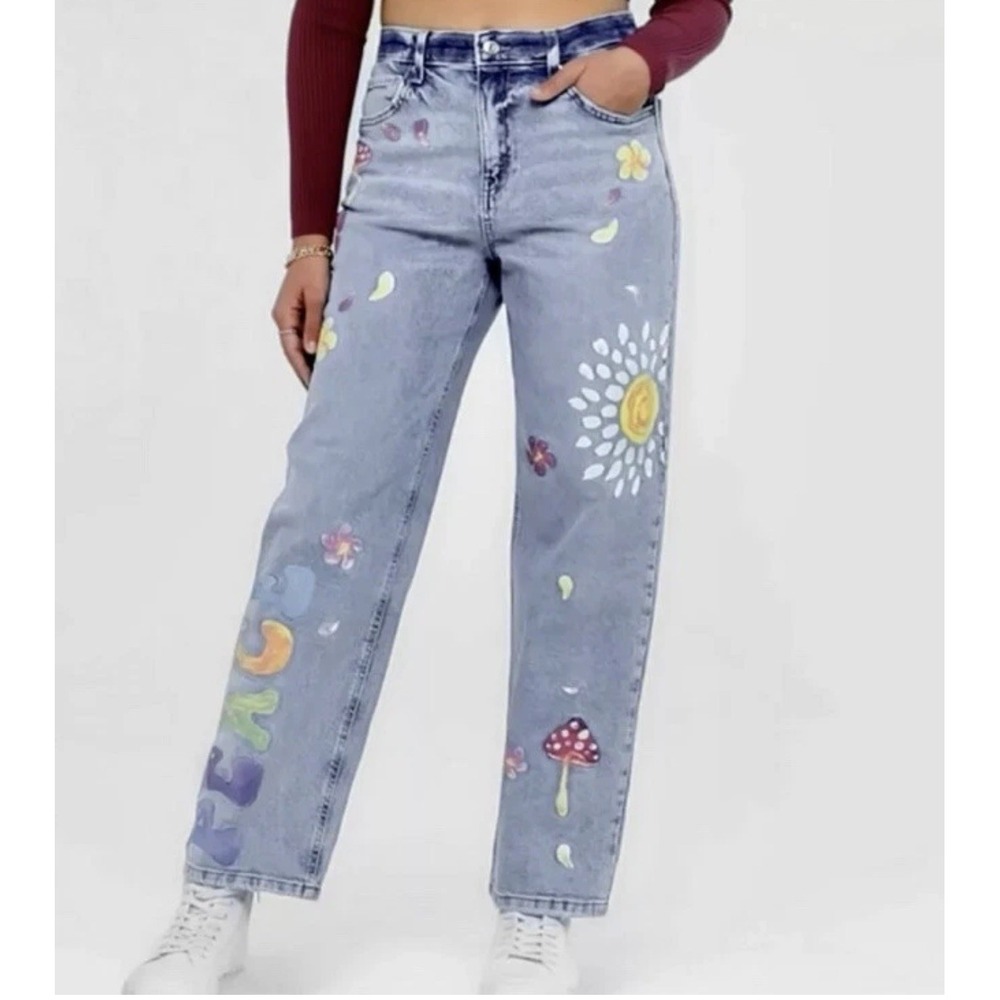 WOMENS WILD FABLE HIGH RISE PAINTED DENIM DAD JEANS SUNFLORAL MUSHROOM SZ00